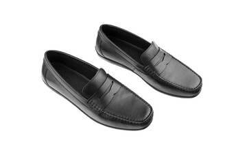 men's pair of black moccasins on isolated white background close-up