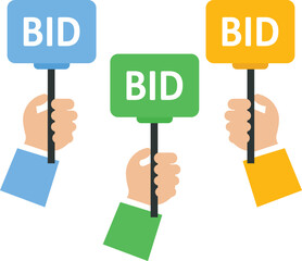 Hand holding auction paddle and money marketing concept,
