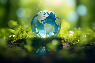 A photograph of an Earth Day background, with clear atmosphere, warm sunlight casting soft shadows on lush landscapes, captured from a low-angle perspective to emphasize the beauty of nature.