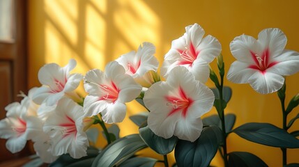 a group of white and red flowers in front of a yellow wall with a shadow of a window on the wall.