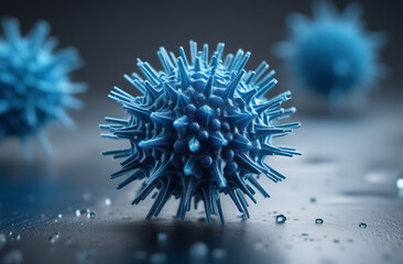 Microscopic view of a virus in the human body. Alaskapox virus. Model of a dangerous flying virus, bacteria, microbe, virus on blue background - obrazy, fototapety, plakaty