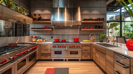 a kitchen with a lot of counter space and a lot of pots and pans on top of the stove.