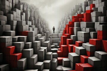 a man stands in the distance in space, surrounded by a lot of red and white blocks and cubes on the floor and walls, in the style of 3D rendering