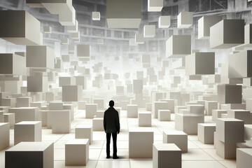 a man stands in the distance, surrounded by a lot of white blocks and cubes on the floor and walls and flying in space, in the style of 3D rendering