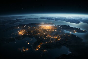 space view to surface of Earth planet with night city full of lights, futuristic computer technology, digital connections with hologram and glow, concept of globalization and urbanization