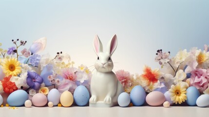 White Rabbit Sitting in Front of a Bunch of Eggs - obrazy, fototapety, plakaty