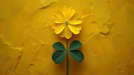 a single yellow flower with green leaves on a yellow background with a green leaf on the bottom of the flower.