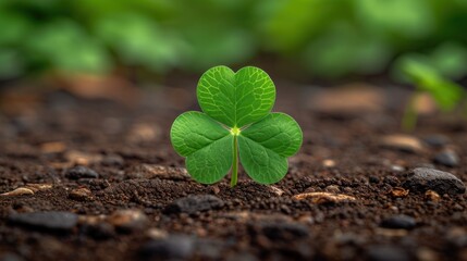 a four leaf clover sprouts out of the ground in the middle of a field of dirt and rocks.