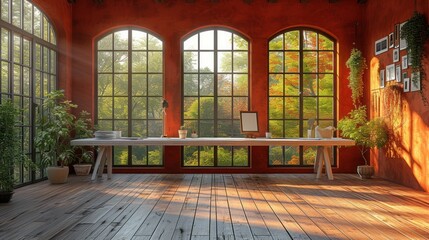 a room filled with lots of windows and a long table with a laptop on it in front of two large windows.