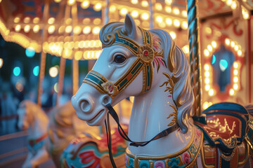 Carousel with horses and glowing lights close-up, park attraction