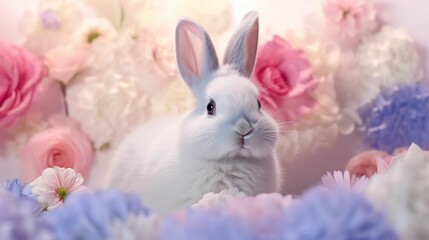 White Rabbit Sitting in a Field of Flowers