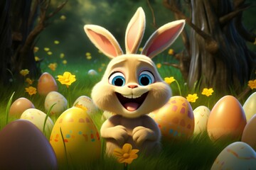Cartoon Bunny Sitting in Grass Near Eggs