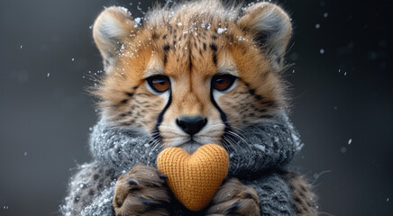 a cheetah cub holding a heart shaped object in it's paws while it's snowing. - obrazy, fototapety, plakaty