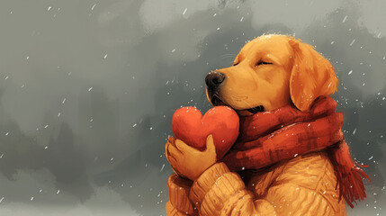 a painting of a dog holding a heart in its paws while it's raining with snow falling on the ground.