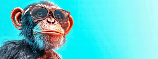 Foto op Plexiglas A chimpanzee with water goggles on an azure backdrop, copy space © edojob