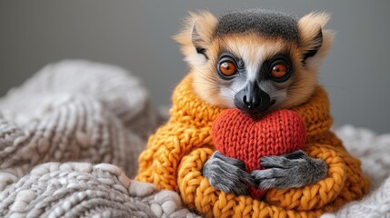 a close up of a stuffed animal with a knitted heart on it's chest sitting on a blanket.
