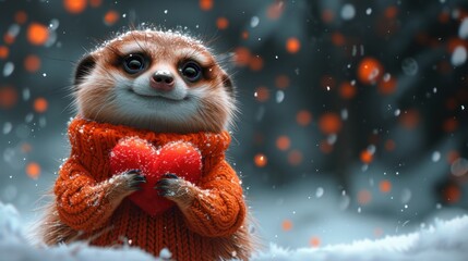 a meerkat wearing an orange sweater holding a red heart in it's hands while standing in the snow.