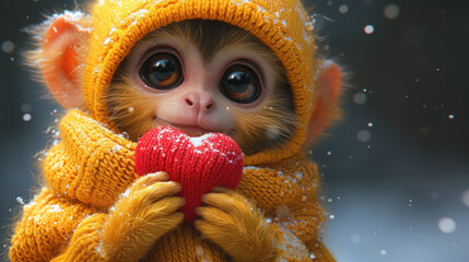 a small monkey wearing a yellow sweater and holding a red heart in it's hands while it's snowing. - obrazy, fototapety, plakaty