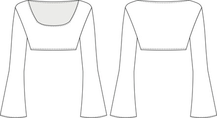 wide scoop u neck drop shoulder  flared long sleeve cropped crop blouse top sweater  template technical drawing flat sketch cad mockup fashion woman design style model
