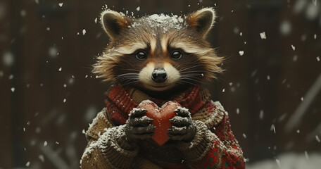 a raccoon holding a heart in its hands in a winter scene with snow falling on the ground and a wooden fence in the background.