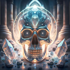 mystery crystal quartz skull of energy around golden lightning background in ancient temple. fantasy spiritual concept. Ai generated - obrazy, fototapety, plakaty