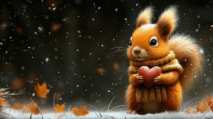 a painting of a squirrel holding a heart on a snowy day with falling leaves and falling leaves in the background. - obrazy, fototapety, plakaty