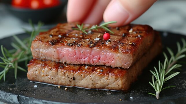 a close up of a person touching a piece of meat with a sprig of rosemary on top of it.