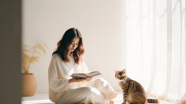 Young girl of Asian descent with a book and a cat in an apartment interior, sunlight, quiet luxury concept, banner