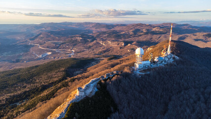 Aerial view of Mount Učka and Vojak Peak overlooking Opatija in Croatia сaptured from a drone