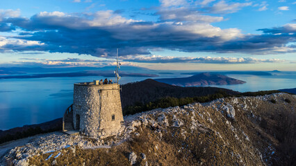 Aerial view of Mount Učka and Vojak Peak overlooking Opatija in Croatia сaptured from a drone