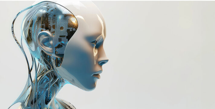 Futuristic humanoid robot with a visible intricate blue circuitry inside the head, reflecting advanced artificial intelligence technology
