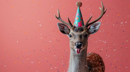 a deer wearing a party hat with confetti on it's head and a party hat on it's head.