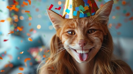 an orange cat wearing a party hat with confetti and streamers on it's head, making a funny face.
