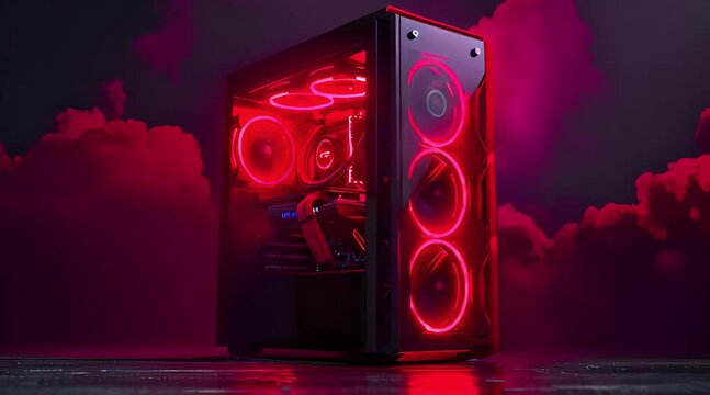 modern black gaming computer in fog with red led lighting Generative AI