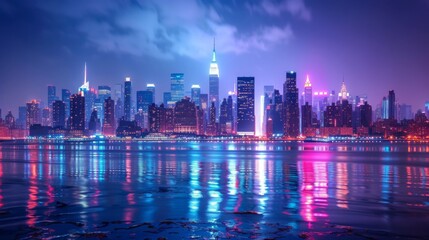 A vibrant city skyline illuminated with dazzling lights against the night sky.