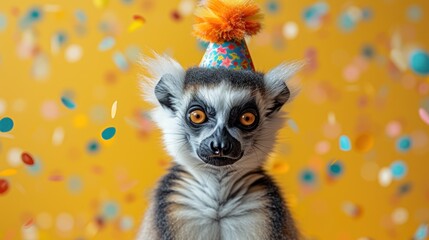 a close up of a small animal wearing a party hat with confetti on the top of its head.