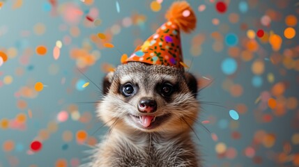 a small animal wearing a party hat with confetti on it's head and sticking its tongue out.