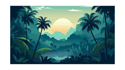 Obraz premium Beautiful view of the jungle. Vector illustration in cartoon style