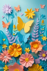 Obraz premium Flowers, butterflies, and azure background create a botanical paradise