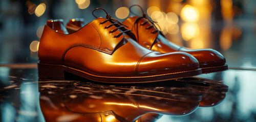 The reflection of city lights in polished leather shoes, a modern urban twist on classic elegance