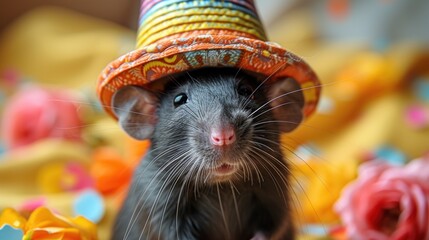 a rat with a sombrero on top of it's head sitting on a bed of colorful flowers.