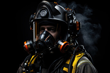 Rescuer, firefighter in a protective suit with a helmet and gas mask close-up. Generated by artificial intelligence