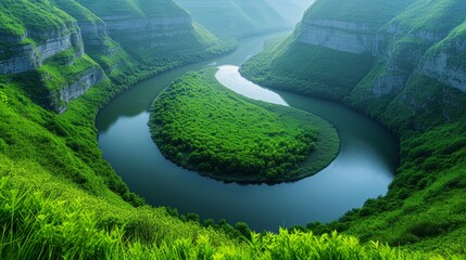 A tranquil river winding through a verdant valley