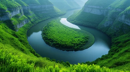 Gordijnen A tranquil river winding through a verdant valley © yganko
