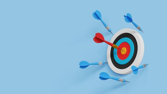 Practice until succeed concept. Success after many failures. Success rate, effort or cost to reach goal or target. Archery target on wall with one hitting and many missed arrows. 4k 3d animation