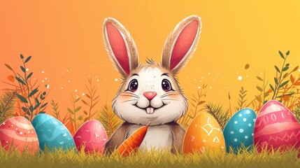 an easter bunny sitting in the grass with painted eggs in front of an orange background with a carrot in the foreground.