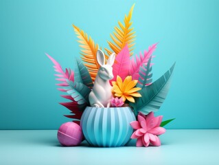 Blue Vase Filled With Flowers and Bunny Figurine