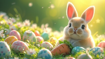 a rabbit sitting in a field of eggs with grass and flowers in the foreground, with the sun shining on the eggs in the background.