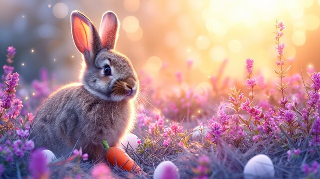 a rabbit is sitting in the middle of a field of flowers with a carrot in the foreground and an egg in the foreground.