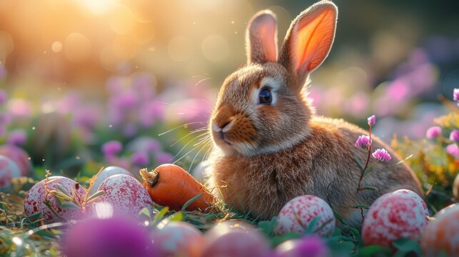 a close up of a rabbit in a field of flowers with eggs in the foreground and an orange and white bunny in the background.